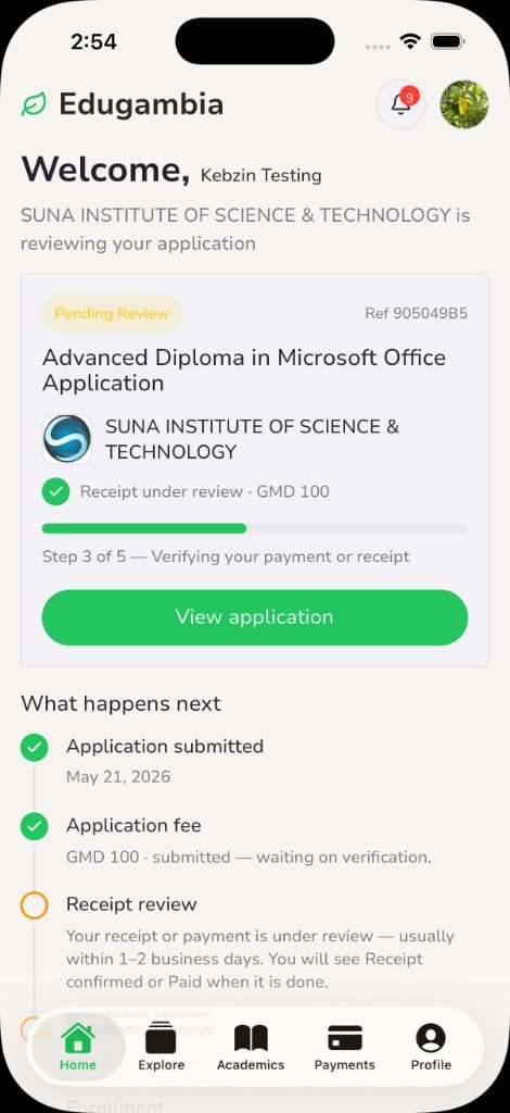 EduGambia student app application status
