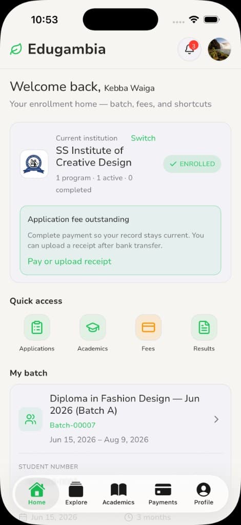 EduGambia student app home dashboard
